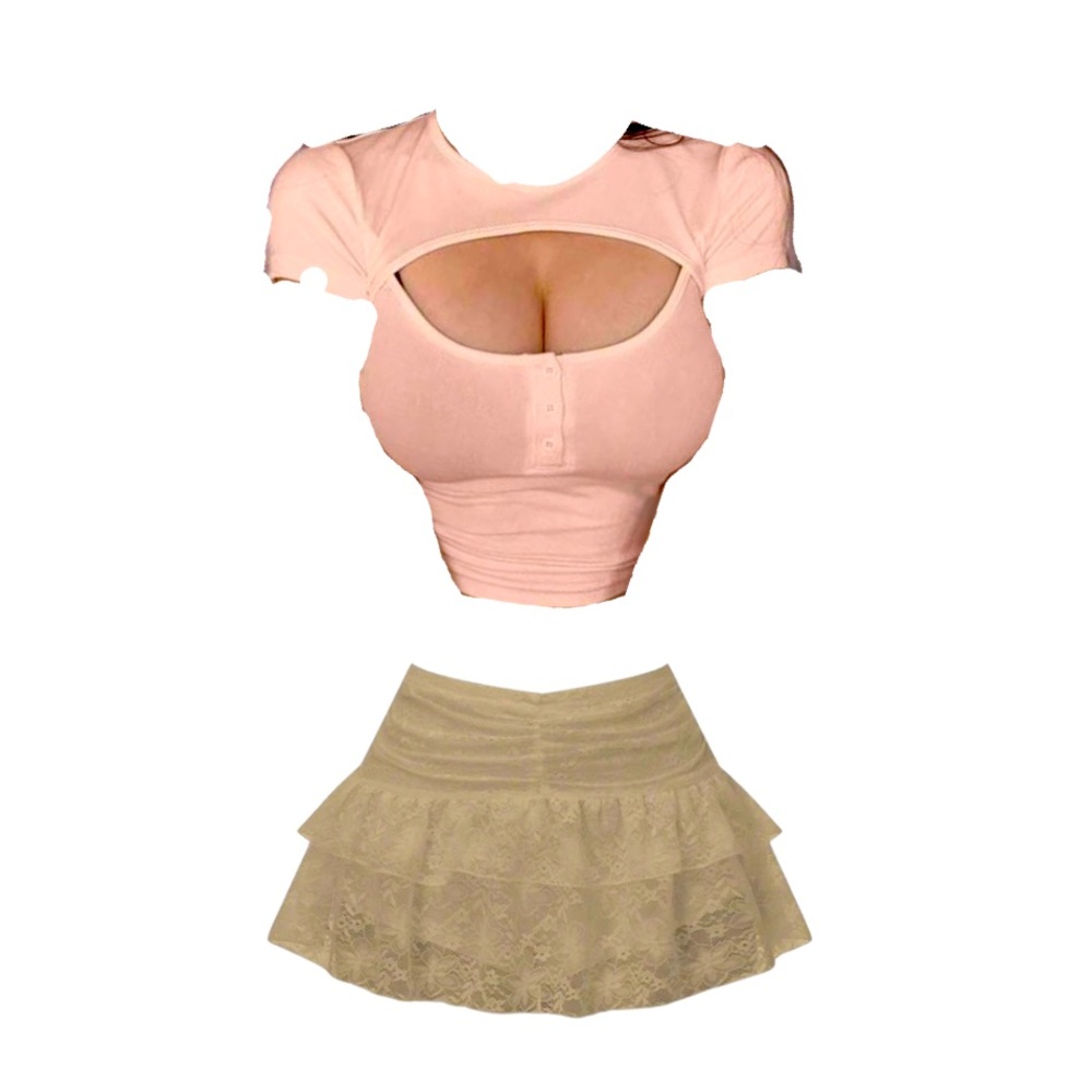 Outfit pairing: pink crop top w beige shorted skirt M